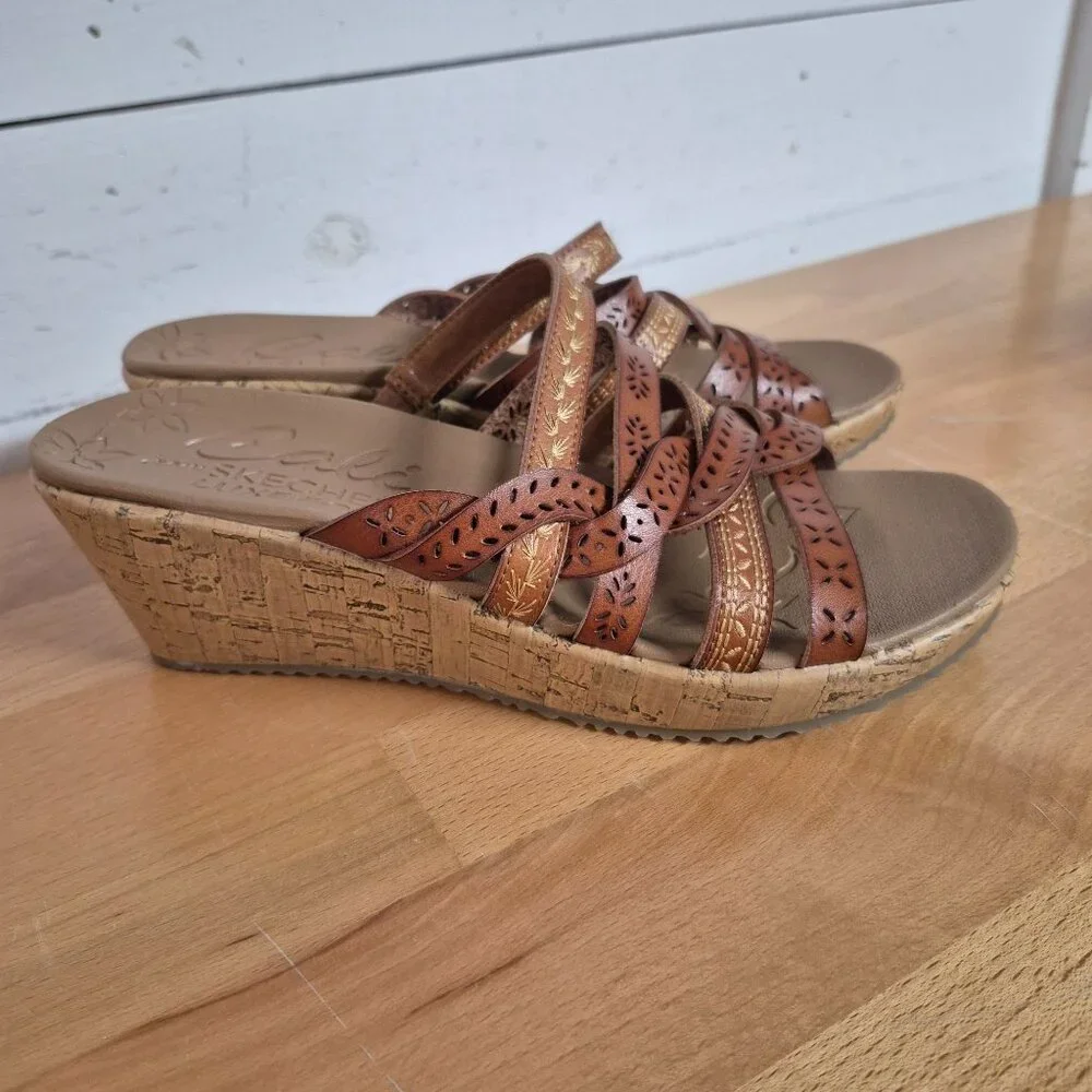 Skechers Cali Luxe Foam Womens Tan Wedge Sandals With Strappy Laser Cut Design & - Picture 4 of 4